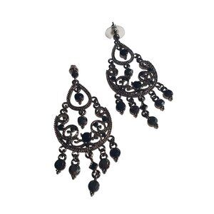 Cookie Lee Black Chandelier Dangle Earrings Ornate Filigree Design NEW Stud Gift
